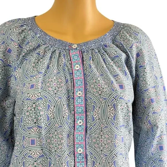 Talbots Popover Top Blue Kaleidoscope Pattern Preppy Boho Women’s Size /M - Picture 2 of 12